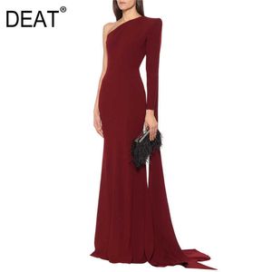 [DEAT] Spring Fashion Diagonal Collar High Waist One-Shoulder Floor-Längd Solid Färg Förlora Klänning Kvinnor 13c794 210527