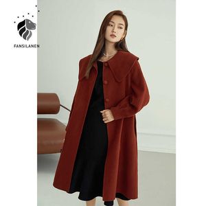 Fansilanen 100% lã casaco de natal mulheres giram colarinho enorme jaqueta longo wram cashmere vintage feminino 210607