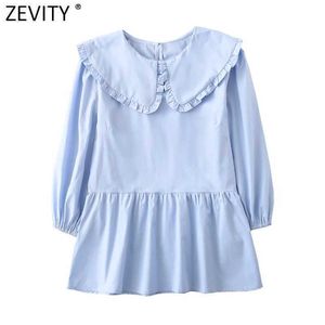 Zevity Women Sweet Agaric Lace Peter Pan Collar Solid Smock Blus Ladies Chic Ruffles Poplin Femininas Skjorta Blusas Tops LS9339 210603