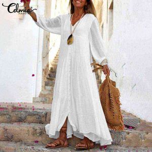 Kvinnor Vit Lång Klänning 2022 Celmia Bohemian Puff Sleeve Sexig V Neck Ruffled Maxi Klänningar Casual Loose Knappar Solid Vestidos Y220214