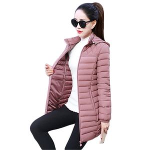 Rosa Hooded Light Thin Down Bomull Jacka Kvinnor Vår Höst Koreansk Fashion Slim Long M-5XL Plus Storlek Svart Coat LR738 210531