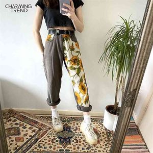 Kvinnor Harem Grå Jeans Hög midja Daisy Sunflower Printed Söt Retro Splice Denim Kvinna Streetwear Straight Ladies Jean Pants 210922