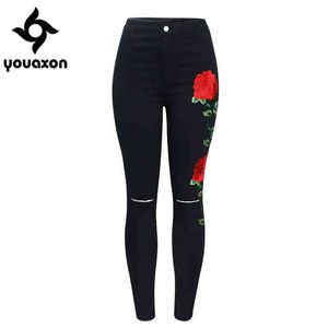 2102 Youaxon Black Embroidery Ripped Knees Jeans Women`s High Waist Stretchy Denim Pants Skinny Pencil Woman 211129
