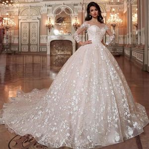 Luxury Lace Appliqued Light Pink Ball Gown Bröllopsklänningar Brudklänningar 3d Blommor Beaded Långärmad Sexig äktenskap Formell Bride Dress Vestidos de Novia