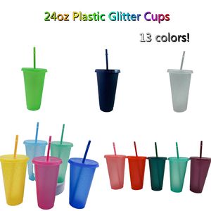Reusable Coffee Mugs 24oz Glitter Plastic Cups with Coloful Straw Lid Portable Confetti Cold Drinking Tumblers Disposable Beach Party Decoration Beverage Cup DIY