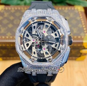 Concept Tourbillon volante Miyota Cronografo al quarzo Orologio da uomo Vendita Diamanti Cassa Quadrante scheletro Oro interno Caucciù nero Cronometro Gioielli Orologi Puretime 10a1