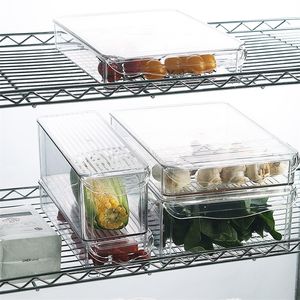 Refrigerador Caixa de Armazenamento Transparente Cozinha Plástica Frutas e Vegetais Organizador Stackable Retangular Crisper 210315