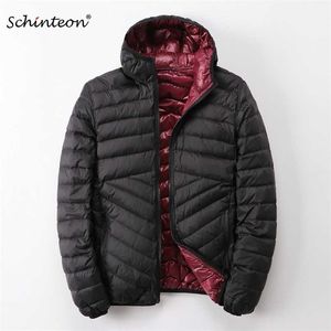 Schinteon Men Белая утка вниз куртка ультра легкое тонкое пальто с капюшоном две стороны носить верхнюю одежду 21129