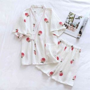 日本の着物夏のスタイルの女性半袖ショーツパジャマ2ピンピーチコットンクレープホームサービスパジャマセット210830