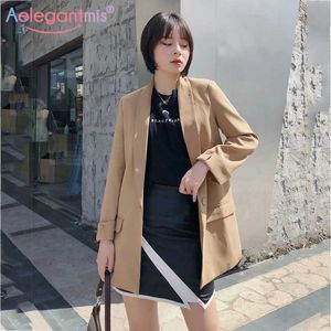 Aelegantmis Solid Color Loose Long Sleeve Women Casual Blazers Jackets Female Slim Pockets Coats Office Ladies Work Suit Coat 210607