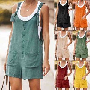 Casual Women Rompers Summer Sleeveless Backless Lace Up Playsuits Ladies Tank Jumpsuits Buttons Pocket Loose Overalls Plus Size 210526