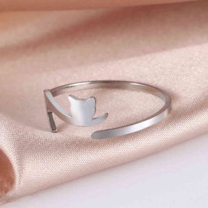 Teamer Lazy Kitten Cat Rings Women Girls Stainless Steel Animal Finger Ring Lovely Elegant Engagement Jewelry Pet Lovers Gifts G1125