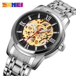 SKMEI LUXURY Automatic Watch Men Hollow Dial Mekaniska Klockor För Mäns Mode Rostfritt Stål Band Clock Reloj Hombre 9222 Q0524