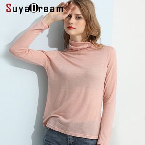 Suyadream 여성 솔리드 티셔츠 실크 울 블렌드 솔리드 터틀넥 긴팔 바닥 셔츠 가을 겨울 기본 상위 210306