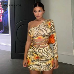 Anjamanor Kylie Jenner Sexig Print Mini Drbirthday Club Outfits Hollow Out Lace Up One Shoulder Bodycon Bandage DRD70BE21 X0529