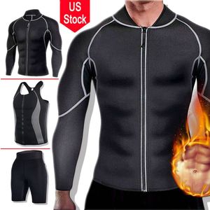 Mäns Slim Body Shaper Neopren Sweat Vest Bastu Suit Viktminskning Fitness Långärmad Zipper Träning Skjorta Slimming Trimmer Pant