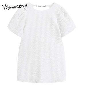 yitimucengホワイトドレス女性夏連鎖カットアウトバックレスセクシーハイウエストパフスリーブユニコリー韓国のファッションドレス210601