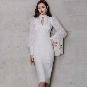 Spring Women's Pencil Sheath Sexy Hollow Out Dress Women Splice Bodycon Chic Office Lady Evening Party Dresses 210529
