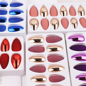 24 шт. Matte Metal Plating Fake Nails Советы с задней клей Короткие 12 цветов Подсказки для ногтей Маснистый блестящий панк стиль металлический свет маникюр патч рождественский подарок