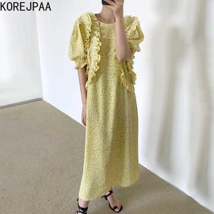 Korejpaaの女性のドレス夏の韓国のシックな女の子甘い新鮮なラウンドネックの花緩いカジュアルなパフスリーブ大振れvestidos 210526
