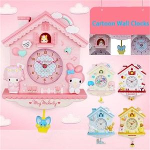 Cartoon 12 Inch Melody Twin Stars Nixie Silent Swing Wall Hanging Quartz Clocks for Girls Children Room Decoration Accessories 211110