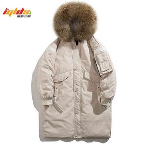 Mäns Tjock Varm Vint Vit Duck Down Jacket Fur Hooded Fashion Long Down Outwear Coats Man Vindtät Vattentät Long Parka G1115