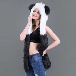 İmitasyon Kürk Hayvan Şapka Avrupa Express Moda Panda Şapka Eşarp Eldivenleri Üç Setleri Karikatür Şapka 211213