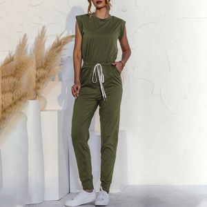 Sexig ärmlös spets upp bälten Jumpsuits Summer Kvinnor Solid Off Shoulde Casual Fickor Slim Lång Rompers Kvinna Svart Playsuits 210709