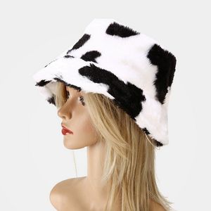 Outdoor casual Faux Fur Winter Hats For Women Black White Cow Print Bucket Hat Men Fisherman cap