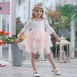 Abito in pizzo manica svasata per ragazze Paillettes Top Tutu Garza Princess Party Abbigliamento per bambini E16900 210610