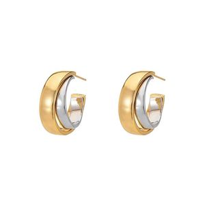 Gold And Silver Contrast Stud Double Hoop Earrings Sliding Design Niche Personality Fashion Trend All-Match Jewelry