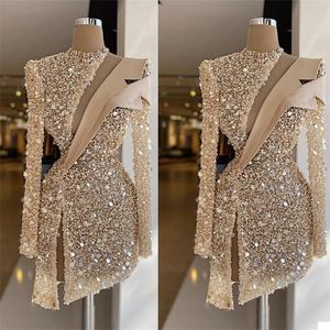 Wholesale model bones resale online - Champagne Evening Dresses Luxury Sequins Beads High Neck Long Sleeves Prom Dress Formal Party Gowns Custom Made Knee Length Robe de mariée