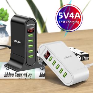 USLION 5 Port USB Charger For Xiaomi LED Display Multi USB Fast Charging Station 5V 4A Universal Phone Desktop Wall Home