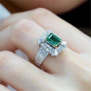 14K Gold Emerald Princess 2 carats Diamond Engagement Ring Green Topaz 925 Jewelry Ring Bizuteria Gemstone ring for women
