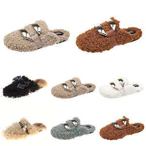 Partihandel Höst Vinter Kvinnor Tofflor Metallkedja All Inclusive Wool Slipper För Kvinnor Triple Black White Ytter Wear Plus Big Szie Muller Half Drag Shoes