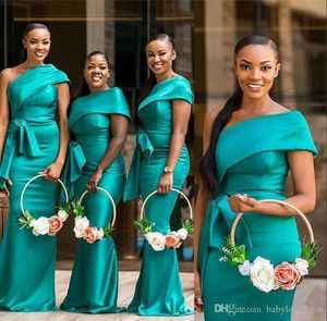 Avcı Yeşil Mermaid Nedime Elbiseler Afrika Artı Boyutu 2022 Custom Made Kat Uzunluk Saten Tül Bir Omuz Hizmetçi Onur Ülke Düğün Vestidos