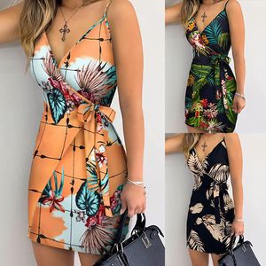 V-Ausschnitt Wrap Sexy für Frauen Tropical Print Minikleid ärmellos Mode Sommer Urlaub Party Club