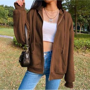 Jacka utomlands för kvinnor Streetwear Top Brown Zip Up Sweatshirt Hoodie Y2K Egirl Oversize Hoodies Långärmad Pullover 210803