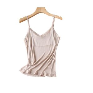 Kvinnor Tankar Camis 50% Ren Silk Camisoles För Kvinnor Lace Halter Tops Sexy Femme Underkläder Underkläder Undershirt Dam Bread Singlet