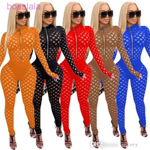 Kvinnor Hollow Out Jumpsuit Fashion Sexy Hole Perspektiv Slim Fit Zipper Mesh Rompers Ladies Casual Långärmad Byxor Bodysuit för höst och vinter