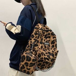 Harajuku Casual Leopard Print Women Backpack Female Velvet Schoolbags for Students Chain Travel Bag College Girls Backpacks 6872 211215