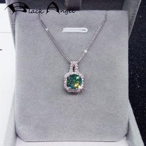 Schwarzer Engel Neue 925 Sterling Silber 2 Karat Luxus Blau Grüner Edelstein Zirkon Anhänger Halskette Für Frauen Schmuck Hochzeitsgeschenk Q0531