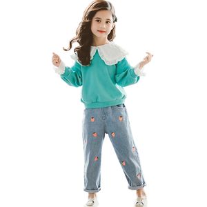 Crianças roupas meninas moletom + calça jeans traje para starwberry adolescente primavera outono roupas infantis 210527