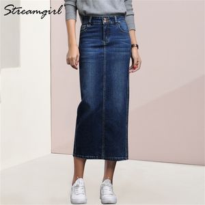 Streamgirl Women Denim Skirt Long Saia Jeans 's s For Summer Vintage Black s Female 210619