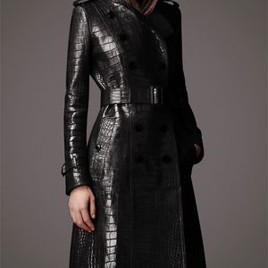 Lautaro Autumn Long Black Pattern Leather Trench Coat for Women Long Sleeve Belt Double Breasted British Style Fashion 211007