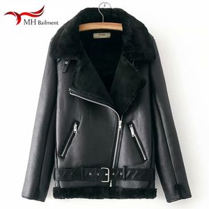 Jaqueta de couro falso inverno grosso quente camurça cordeiro preto outwear feminino retro lapela veludo pele uma casaco mulher 211007