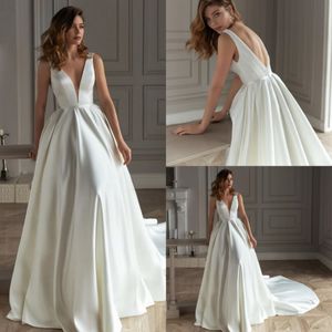 サテン真珠のウェディングドレス2021 AラインVネックノースリーブバックレスタンクvestido de Noiva Bridal Gown用女性ブライドローブデマイレ