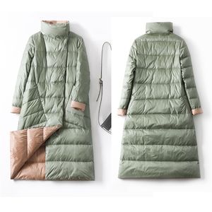 Duck down jacka kvinnor vinter lång tjock dubbelsidig plaid coat kvinnlig plus storlek varm parka för smala kläder 211018