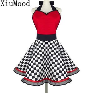XiuMood Apron Home Cleaning Kitchen el Restaurant Waiter Maid Cotton Black And White Plaid Chiffon Lace Aprons For Wom n 210622