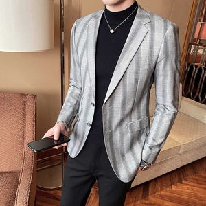 Şerit Blazer Erkekler Slim Fit Casual Suit Ceket Kore Iş Blazer Masculino Moda Kulübü Düğün Ceket Veste Kostüm Homme 210527